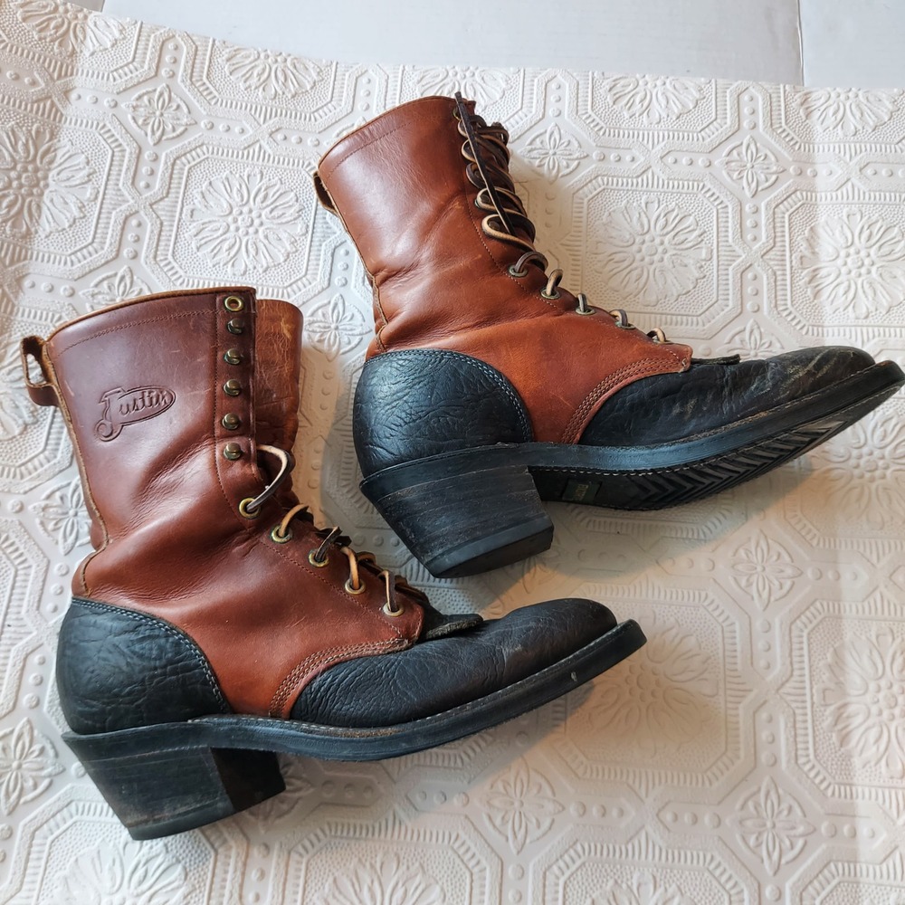 Vintage Justin 7.5 D Two Tone Leather Boots Brown Black Lace Up Biltrite Sole